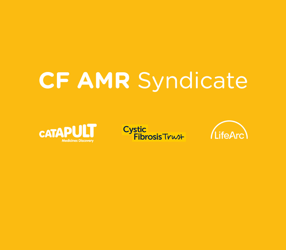 A graphic for CF AMR Syndicate showing the partners Medicines Discovery Catapult, Cystic Fibrosis Trust and LifeArc