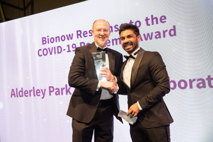 Dr Mark Wigglesworth accepts BioNow Response to Covid-19 Award on behalf of the Alderley Park Lighthouse Lab