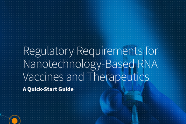 A graphic for a document about the Requirements for Nanotechnology-Based RNA Vaccines Therapeutic Regulations. The document title in white text over a dark blue gradient with a faint image of a medicine vial and syringe.