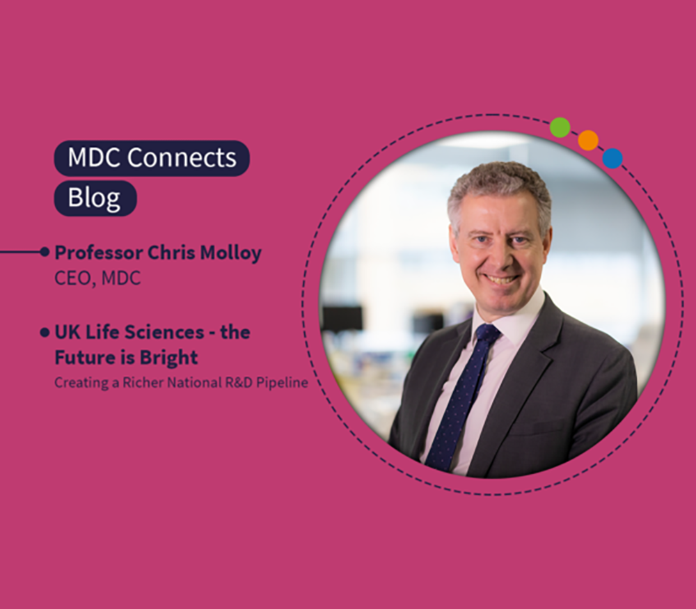 A picture of Chris Molloy, CEO of Medicines Discovery Catapult, which explores a blog on the challenges and opportunities for a richer national R&D pipeline from the MDC Connects 2024 series.