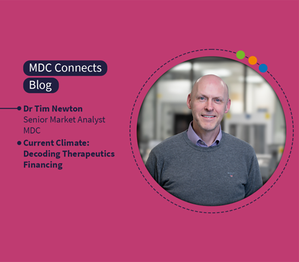 A picture of Senior Market Analyst Tim Newton for the MDC Connects 2024 blog which looks at decoding therapeutics financing by analysing the trends and challenges from 2020 to mid-2023.