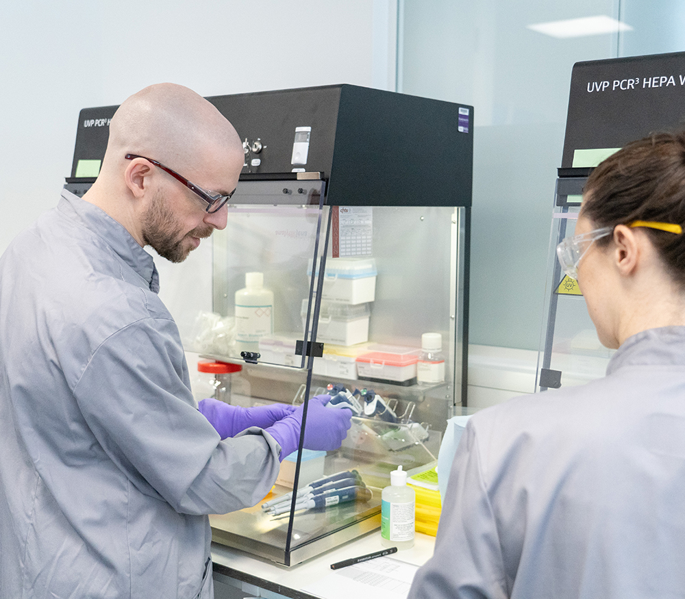 Two scientists prepare samples for digital PCR