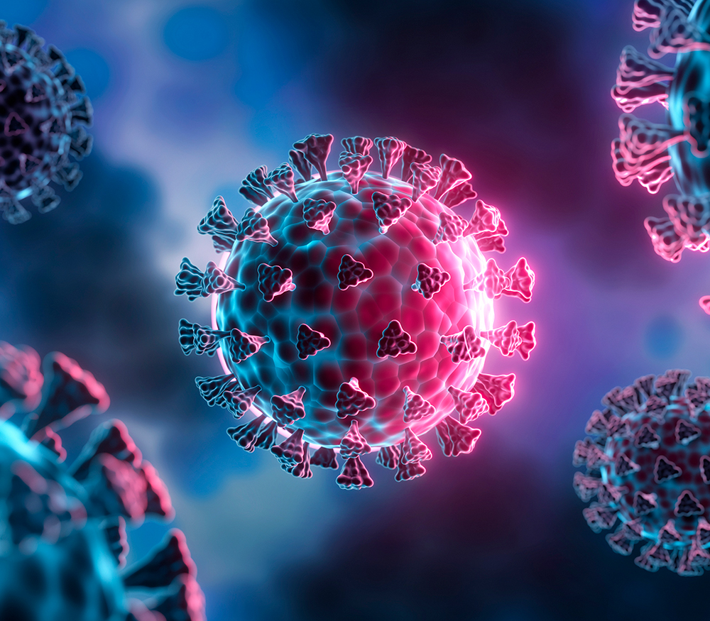 Corona Virus Mutation - medical 3D illustration with dark blue cell background