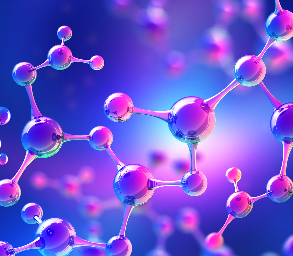 Colourful molecular structure on blue background